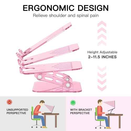 Pink Acrylic Adjustable Laptop Stand,Adjustable Height Foldable Laptop Riser for Desk, Clear Portable Laptop Holder Ergonomic Computer Stand,Compatible with 10-17.3¡± Laptops (Pink)