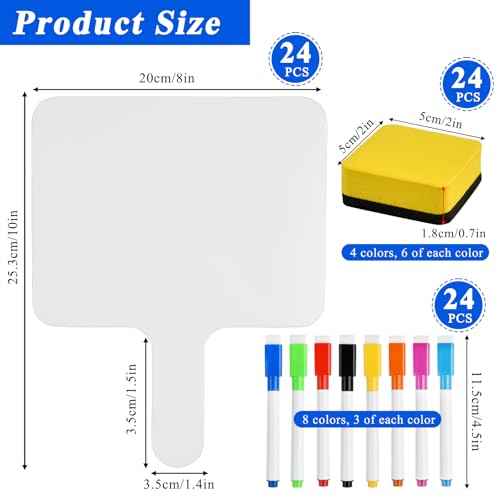 24 Pcs Dry Erase Answer Paddle, 10 x 8 Inch Auction Paddles with Markers and Erasers, Handheld White Board with Handle for Teaching Meeting Bidding Voting Games (Double Sided)