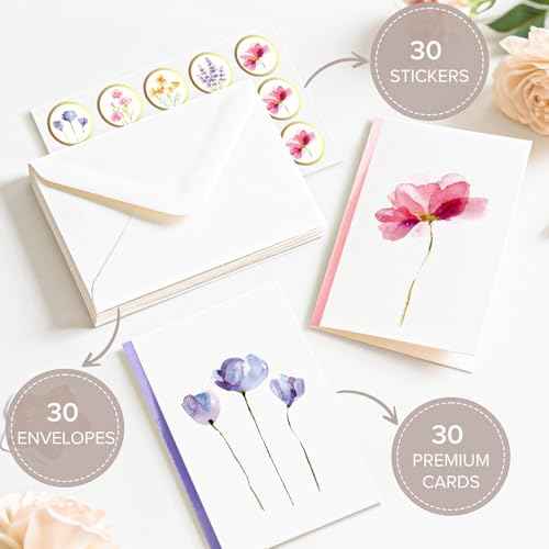 Blank Cards and Envelopes, 30 Pack Blank Greeting Cards, Elegant Blank Note, Perfect Bulk Stationary Set For All Occasions, 5 Assorted Floral Designs, 4" x 6"