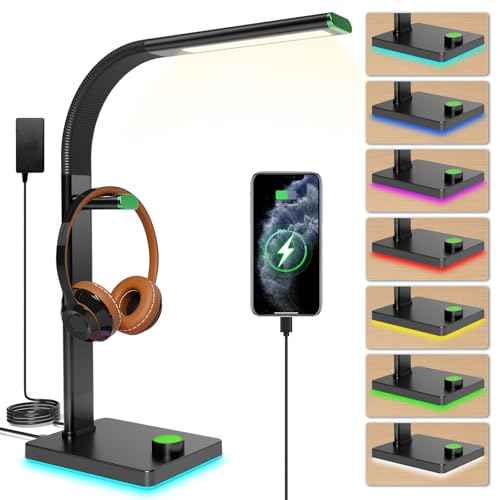 LED Desk Lamp with Eye-Caring Light, USB Ports, 7 Color Modes, Flexible Gooseneck & Headphone Stand for Home Office, Bedroom, and Study (Black Green)
