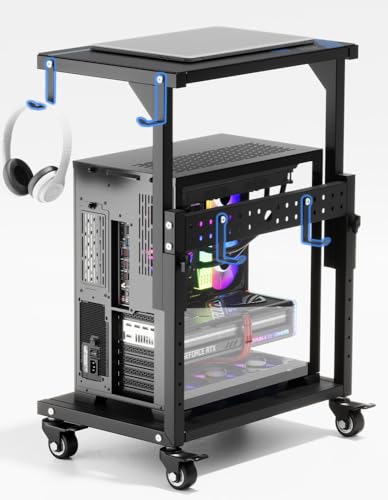 ZUAVIALA Adjustable 6-Level Mobile Computer Tower Stand with Power Outlet - Black, 21.34-28.3 inch
