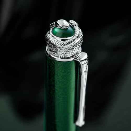HONG DIAN N25 Piston Fountain Pen, Fine Nib Snake Stereoscopic Carving Design with Metal Case Set (Emerald Green)