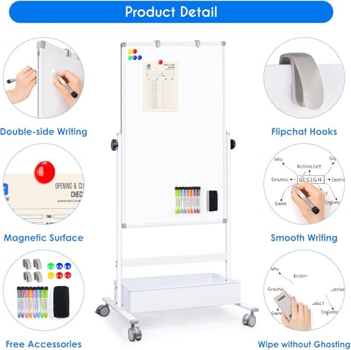 Maxtek Mobile White Board on Wheels 48x32 Magnetic Standing Easel - White / 32"W x 48"H