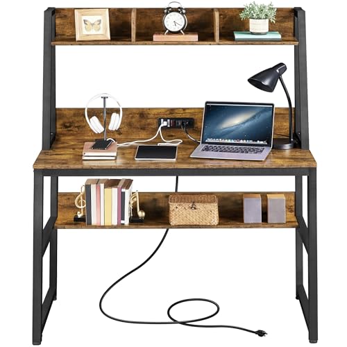 Yaheetech 47 in Modern Computer Desk with Power Outlets and 2 USB Ports, Home Office Study Writing Desk with Hutch and Bookshelf, Large Workstation Gaming Table with Charging Station, Rustic Brown