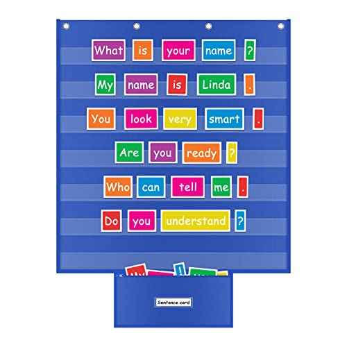 Standard Pocket Chart for Classroom with Zipper Storage Bag 28"x28" Wall Hanging File Display Pocket Chart with 7 Sentence Strips Holder Teacher Essential (Blue)