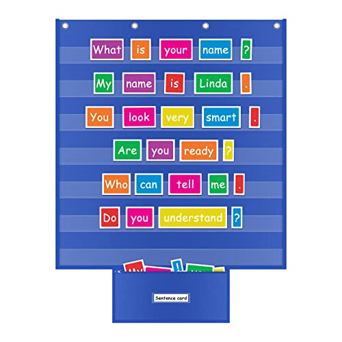 ALSLEA Blue Classroom Pocket Chart 28x28 Inches with Zipper Storage Bag & 7 Sentence Strips Holders