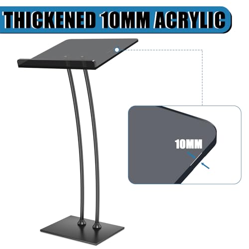 Vakiorn Black Acrylic Podium Lectern with Iron Base, 10mm Countertop, Multi-Use Pulpit for Church, Classroom, Conference