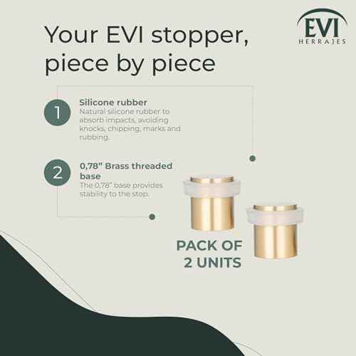 Pack of 2 EVI Door Stoppers |Brass Door Stopper - Screw Fastening - White Rubber Protector - 0.79 x 0.99 Inch Door Stop