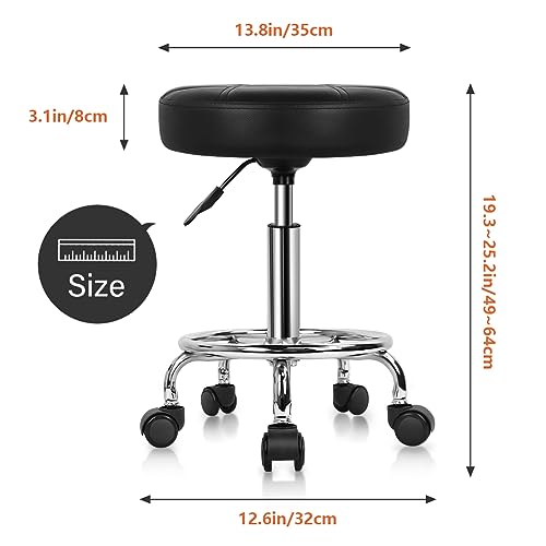 KKTONER Round Rolling Stool Chair PU Leather Height Adjustable Swivel Drafting Work SPA Shop Medical Salon Stools with Wheels Office Chair Small (Black)