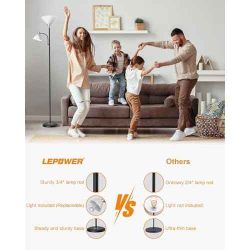LEPOWER Floor Lamp, Standing Lamp Replaceable 3000K Energy-Saving, Lamp for Living Room with Adjustable Reading Light, Modern Bright Floor Lamp for Bedroom, Living Room, Office