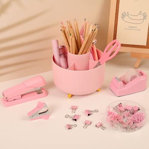SKYDUE Pink Desk Accessories 10Pcs, Rotating Pen Holder for Desk, Stapler, Staple Remover, Tape Dispenser,2pcs Tape Refills, Binder Paper Clips Kit, Scissor,Pink Office School Supplies