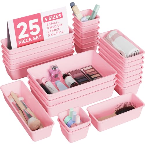 BiuLeon 25PCS Pink Plastic Drawer Organizer Set for Makeup & Jewelry Storage