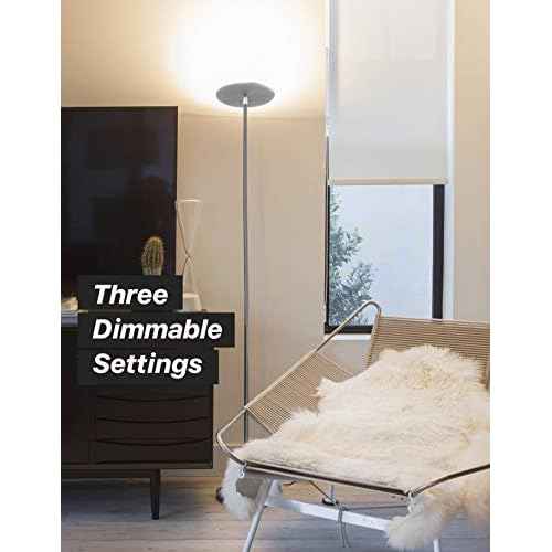 Brightech Sky LED Floor lamp, Torchiere Super Bright Floor Lamp for Living Rooms & Offices - Dimmable, Tall Standing Lamp for Bedroom Reading - Platinum Silver