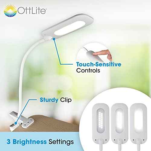 OttLite Flexible LED Clip Lamp with ClearSun LED Technology - Soft Touch Clip Light is Dimmable & Flexible - Travel-Friendly Reading Lamp for Crafting, Sewing, Desks, Tables, & Bookshelves