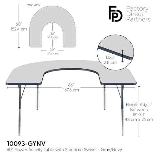 Factory Direct Partners 10093-GYNV Horseshoe Activity School and Office Table (60" x 66"), Standard Legs with Swivel Glides, Adjustable Height 19-30" - Gray Top and Navy Edge