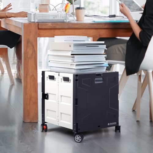 Folding Utility Cart with Lid, 60L Collapsible Rolling Crate, 165LBS Heavy Duty Foldable Shopping Cart, Portable Rolling Utility Crate with Wheels for Groceries, Tools, Office, Teachers, Storage,Black