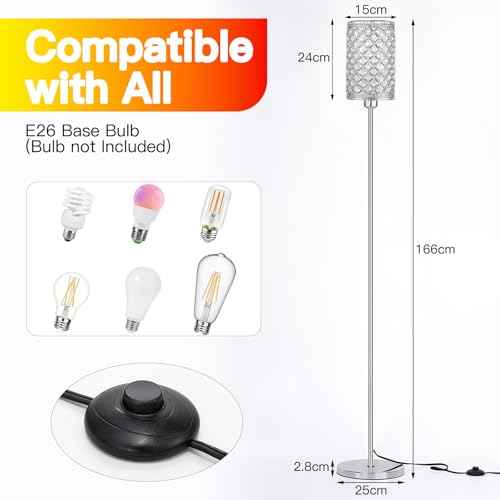 Crystal Floor Lamp,LED Modern Tall Light Standing Lamp, RGB LED Floor Lamp with On/Off Foot Switch Silver Tall Pole Lighting for Bedroom Remoter &APP Control Stepless Dimmable (E26 Base)