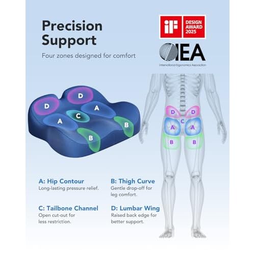 HUANUO Ergonomic Seat Cushion, Memory Foam Cooling Gel Office Chair Cushion for Hip Support, Tailbone Pressure Relief, Breathable Car Seat Cushion for Home, Work, Driving