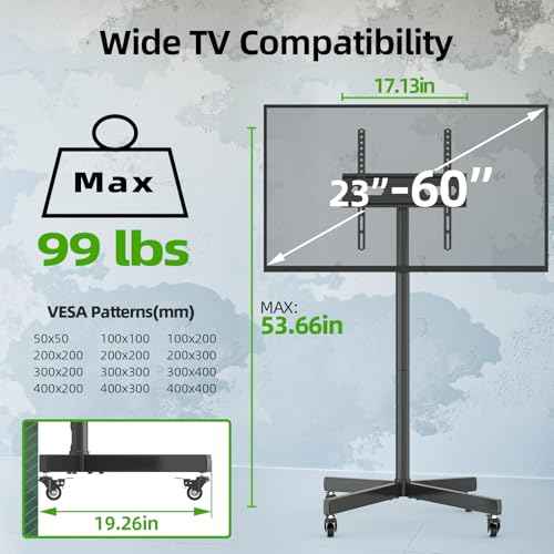 USX Mount Mobile TV Cart Rolling TV Stand with Wheels for 23-60" LCD LED Flat/Curved Panel Screens,Height Adjustable Floor Stand Holds up to 99Lbs Portable Stand,Max VESA 400x400mm