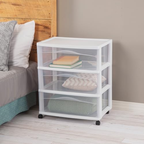 Sterilite Wide 3 Drawer Rolling Storage Cart - White, Plastic Organizer, 15.4x21.9x24.5 in