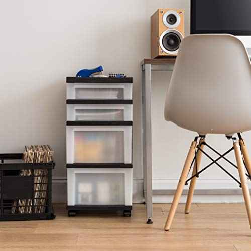 IRIS USA Plastic Drawer Storage Organizer Rolling Cart, with Wheels Casters, 4-Drawers, for Classroom Art Craft Supplies Dresser Closet Bathroom Laundry Room, Black/Pearl
