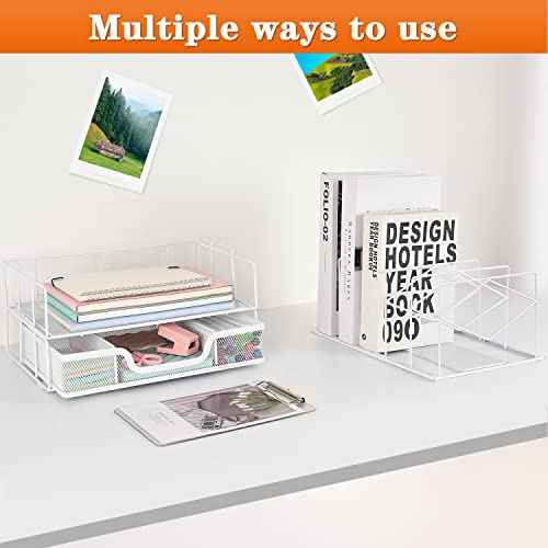 gianotter Desk Organizers and Accessories, Office Supplies Organizer with Sliding Drawer, Double Tray 5 Upright Section ?File Sorter (White)