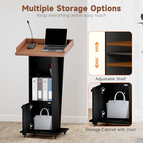 Podium Stand with Wheels & Cabinet, 15° Tilted Tabletop – Black Brown Variation