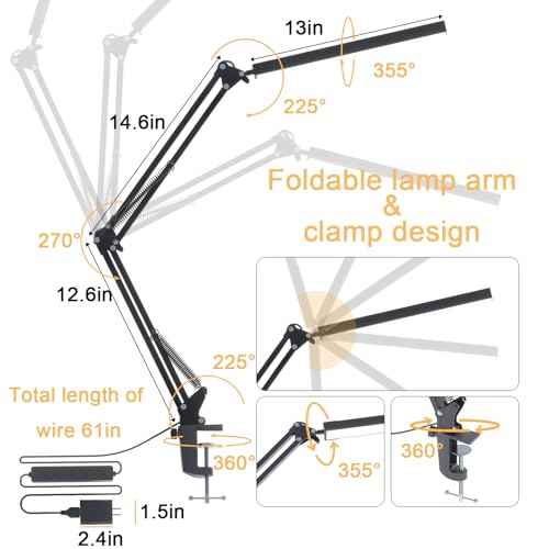 LED Desk Lamp for Home Office, Clamp-On with 5 Light Modes & Auto Shut Off | 14W Adjustable Brightness 5000K Eye-Caring Lighting for Study/Bedroom/Computer Desk