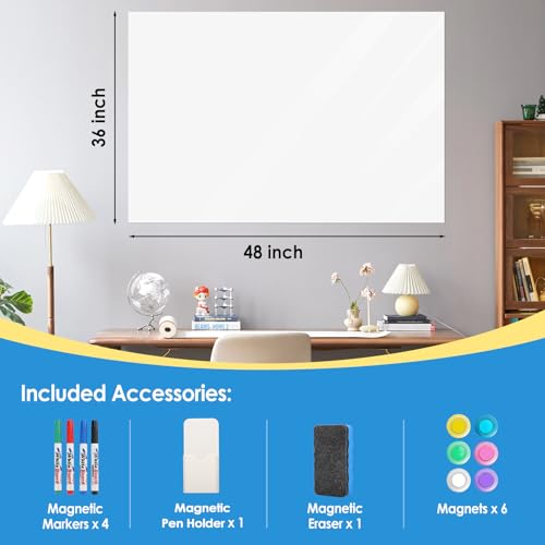 MaxGear White Board 48"x36" Adhesive Dry Erase Board Large Whiteboard Sticker for Wall, Big Wallpaper for Office, Classroom, Home, 4 Markers, 1 Marker Holder, 1 Eraser, 4 Magnets, 4' x 3'