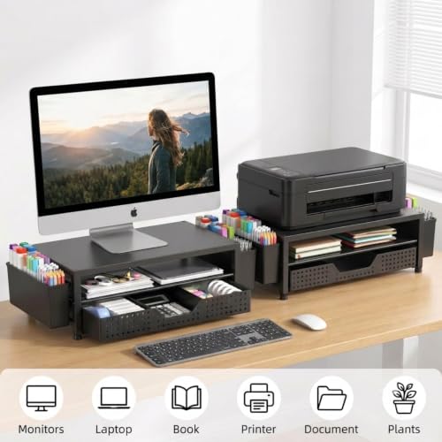 ECOLOVI Black 2-Tier Monitor Stand with Drawer & Pen Holders for Office Desk