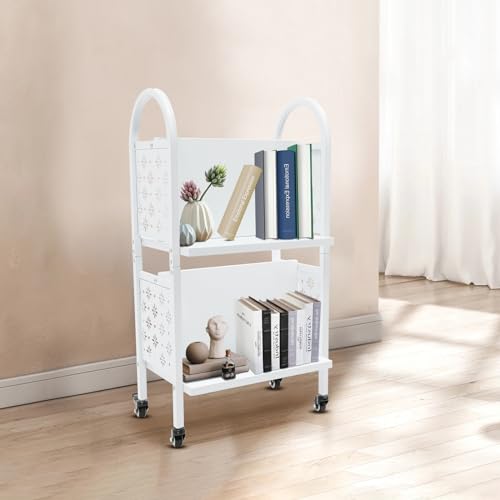 ACNAO 34in Two-Tier Rolling Book Cart with Lockable Wheels – Narrow Library/Home Book Cart