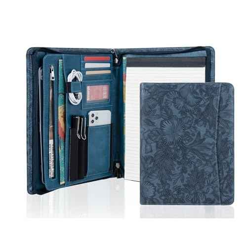 AZXCG Leather Padfolio Folio, Embossed PU Leather Portfolio with Zipper, Professional Business Document Organizer with A4/US Letter Writing Pad Holder, Gift for Woman/Men(Dark Blue)