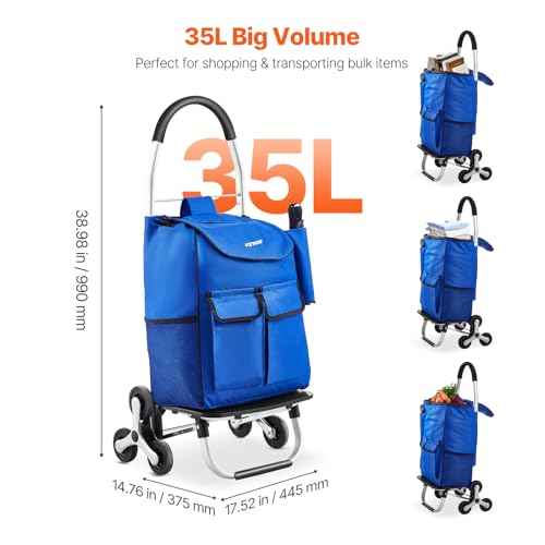 VEVOR Stair Climber Trolley Dolly, 36L Folding Shopping Grocery Cart Trolley Laundry Stair Climbing Handcart with 6 Wheels & Oxford Cloth Bag, Foldable Cart for Shopping Grocery Laundry Climbing