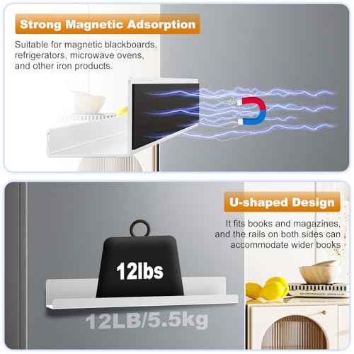 2 Pack Magnetic Book Shelf for Whiteboard - 17 Inch Reusable Metal Magnetic Shelves, Holds 12 lbs, Magnetic Book Display for Classrooms, Kitchen, Kids' Room - New White