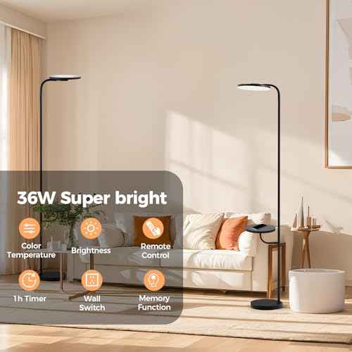 Floor Lamp with Table & Shelves,LED Stepless Dimmable Torchiere with Remote & Touch Control, 350¡Æ Rotating Head Reading Floor Lamp for Living Room, Bedroom, Office