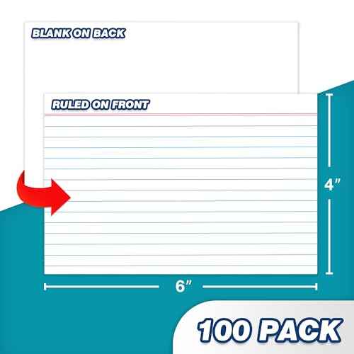 Chell Extra Heavyweight Ruled Index Cards 4x6 Inch, No Bleed-Through, 100 Count, Ruled Front and Blank Back, 85 lb. Cover Weight, White