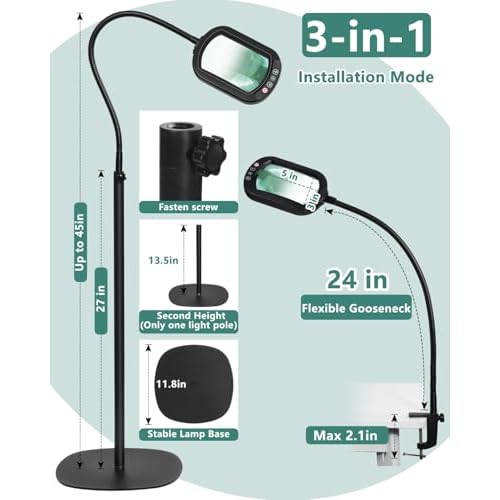 10X Rectangle Magnifying Glass with Light and Stand, 24" Flexible Gooseneck 3-in-1 Floor Lamp, 5 Color Modes Stepless Dimmable, LED Lighted Hands Free Magnifier for Reading Crafts Painting Close Work