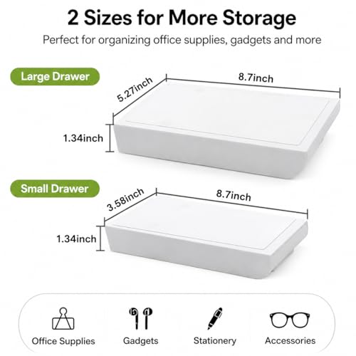 YOOUSOO White Under Desk Drawer Organizer 2 Pack - Small & Large Self-Adhesive Storage Drawers for Office & Home