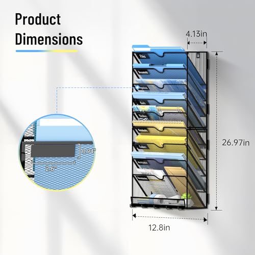 SUPEASY 10-Tier Wall File Organizer with Hooks - Black, Wall Mounted Mail Sorter