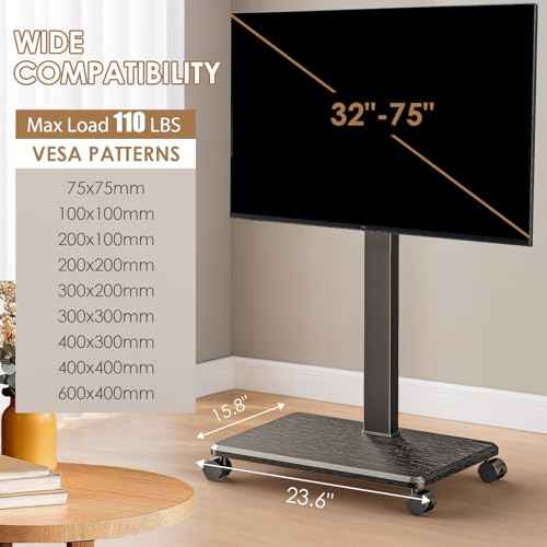 Rolling TV Stand Portrait for 65 70 75 Inch TVs, Tilt and Swivel Mobile TV Cart on Wheels up to 110 Lbs, 6 Height Adjustable PortableTV Stand, Max VESA 600x400mm