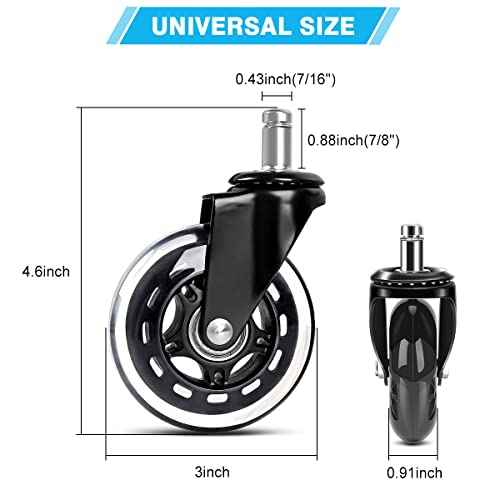 Office Chair Caster Wheels Replacement, Heavy Duty Casters Safe for All Floors,Without Chair Mats. 3" Office Furniture Casters Replacement,Universal Fit (3set,15pcs)