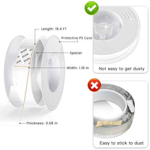 2 Pack Double Sided Tape Heavy Duty, Extra Large 16.4FT Nano Double Sided Mounting Tape, Transparent Strong Removable Adhesive Picture Hanging Strips, Wall Tape Sticky Poster Carpet Decor