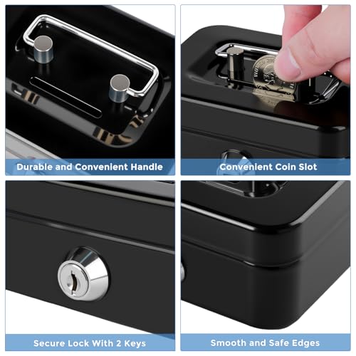 Crinwaki Mini Cash Box with Lock & Slot - Black 4.5" x 3.4" x 2.4"