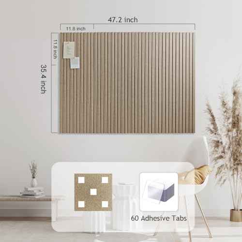 Large Cork Boards for Walls 48"x 36" - 1/2¡± Thick Bulletin Board, 12 Pack Felt Wall Tiles with Slat Wall Paneling, Pin Board Corkboards for Office - Tan