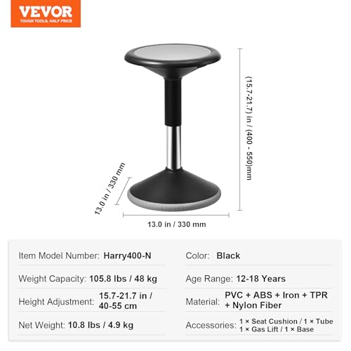 VEVOR Wobble Chair, Height-Adjustable (15.7-21.7") Active Chair, Flexible Seating Wobble Stool Made of PVC+ABS Improves Focus & Posture, Ideal for Schools, Office and Home, Age 12-18, Black