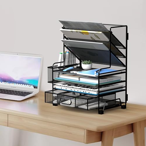4-Tier Paper Organizer + 3-Pocket File Holder + Drawer + Pen Holders, Desktop File Organizers Paper Tray for Office Accessories School Classroom Organization (Black)