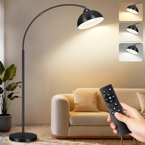ArcFloor Lamps for Living Room, Modern Tall Lamp with Remote Control and Stepless Dimmable 9W LED Bulb, Over Couch Arched Reading Lamp for Bedroom, Office(Black)