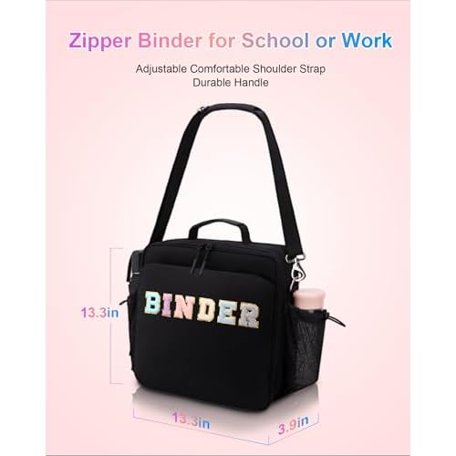3 Ring Zipper Binder 3 Inch D Rings with Double Water Bottle, Cute Water-Resistant Zip Up Middle School Binder, 700-Sheet Capacity Organizer & Multiple Pockets & Shoulder Strap & Laptop, Black