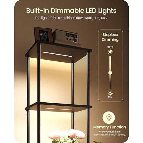 Display Shelf with Light, 5-Tier Shelf Lamp, Corner Floor Lamp with Shelves, Dimmable LED Floor Lamp for Living Room with Remote and Foot Control, 3CCT, Timer, Standing Lamp, Corner Bookshelf B52LD05