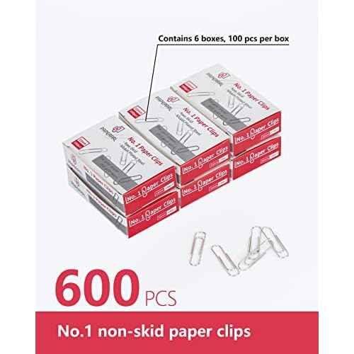 PAPERPAL Paperclips for Office School & Personal Use, #1 Nonskid Paper Clip (1-2/7"), 600 Medium Paper Clips (6 Boxes of 100 Each), Silver